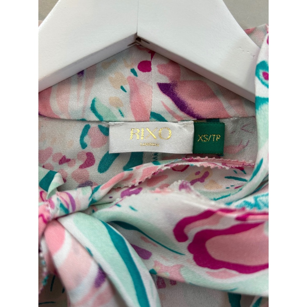 RIXO Amel Pink Teal Floral Silk Blend Kitten Bow Midi Dress Long Bell Sleeve XS - Picture 8 of 9